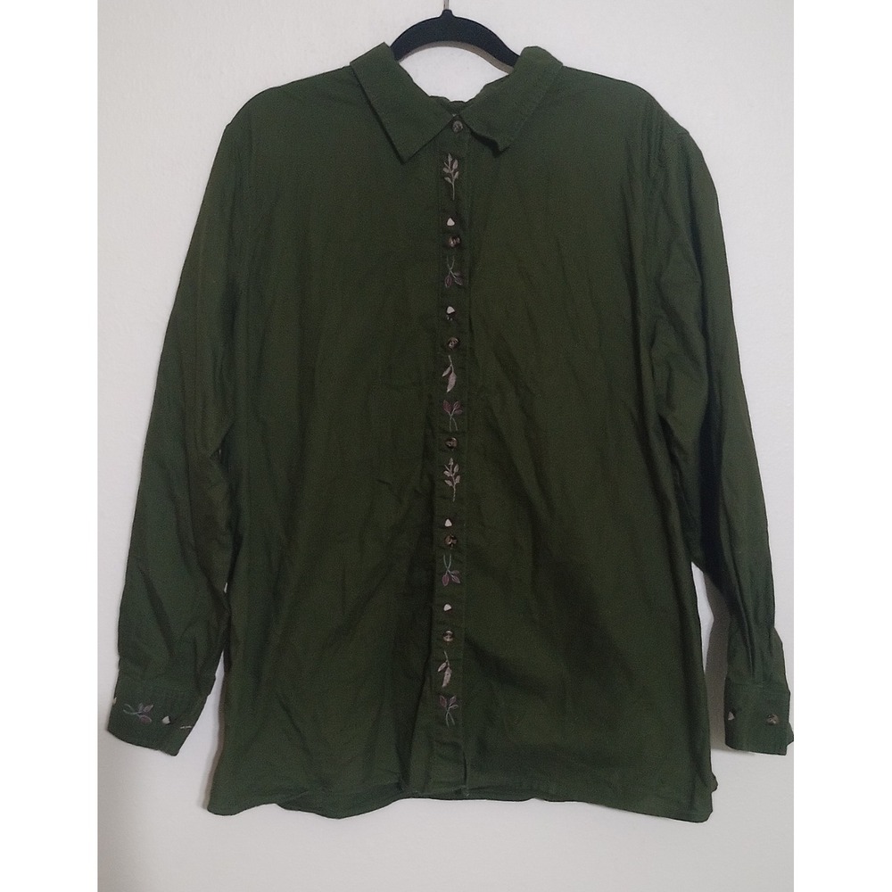 Cherokee Woman Olive Green Embroidered Button Down Shirt Cotton Plus Size 24W